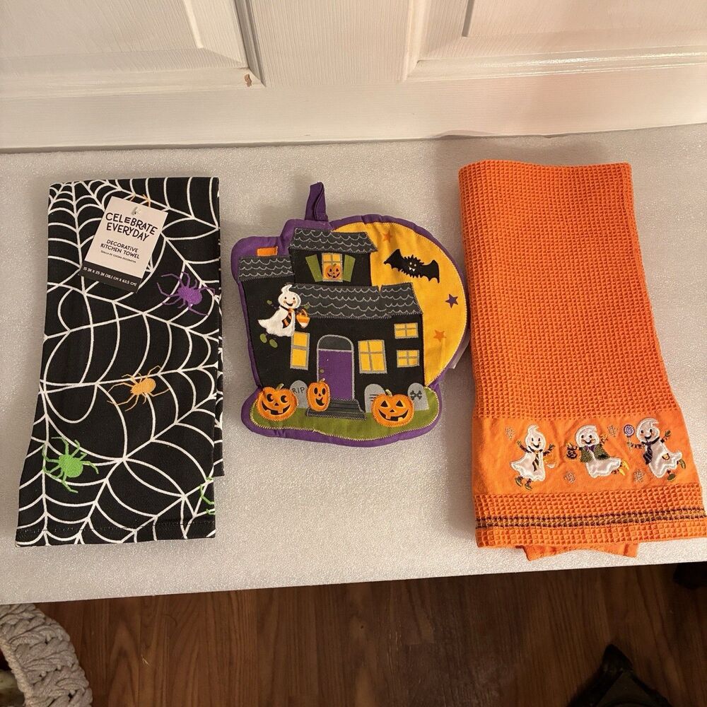 Halloween 3 Piece Kitchen Set. Dish Towel-Ghosts, 1 W/ Spiders, Web & Pot Holder